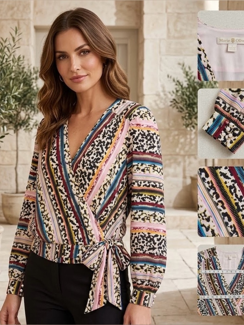 Marie Oliver 100% Silk Ripley Wrap Blouse Large Colorful Striped Leopard Print